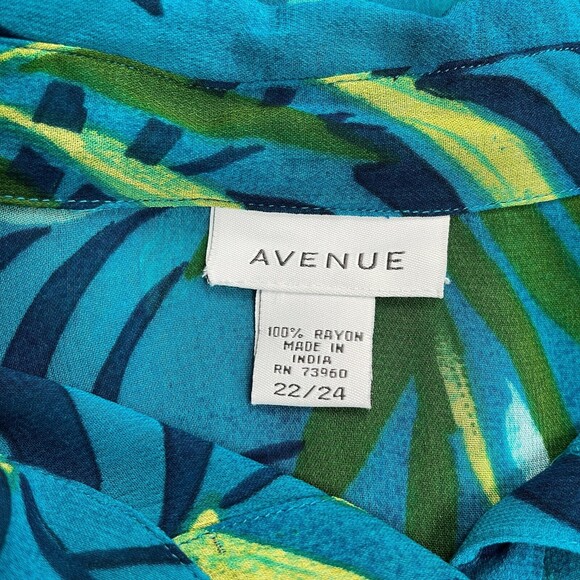 Avenue Women's Top Size 22 24 Blue Green Multicolor 100% Rayon Leaves Sheer - Picture 7 of 8